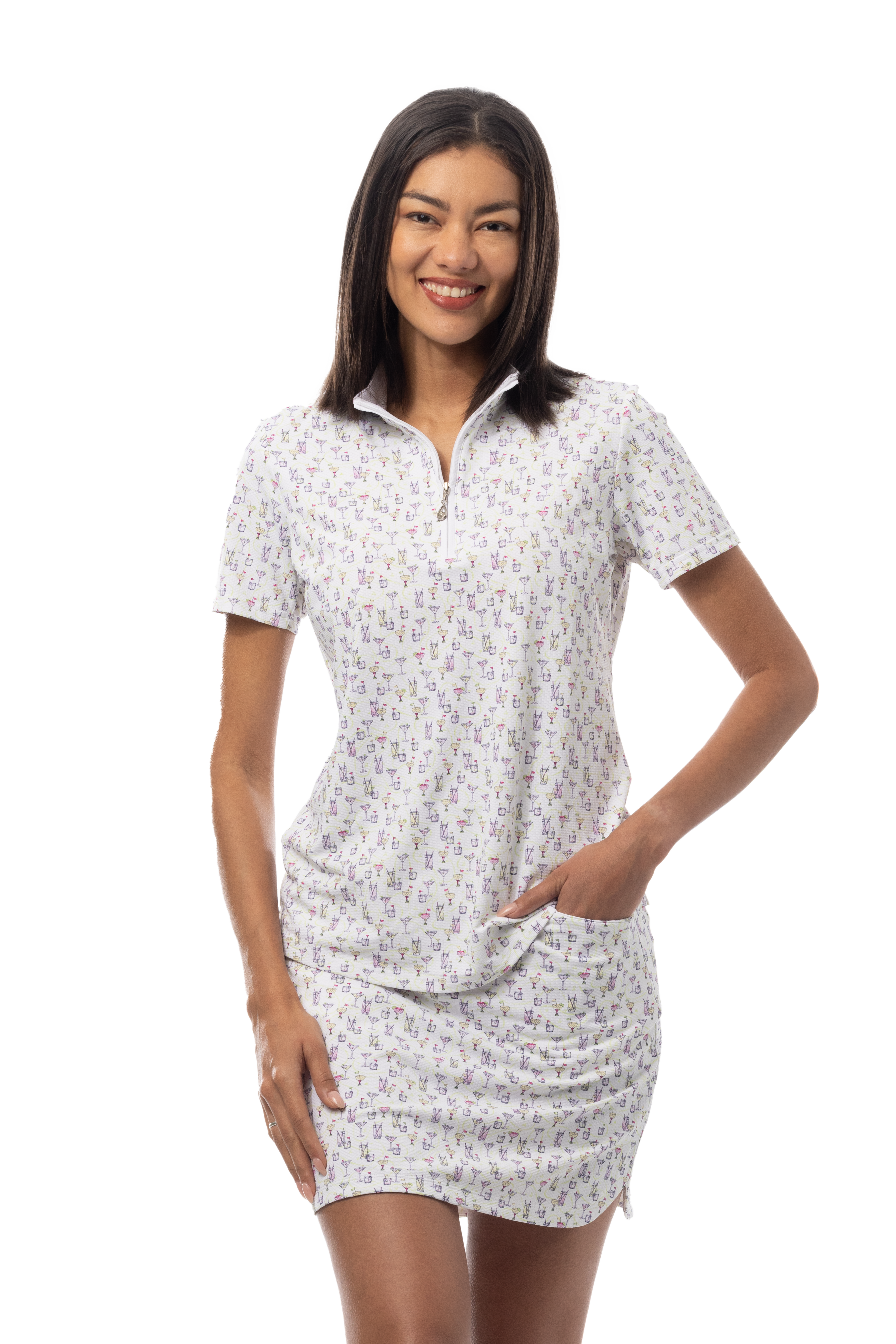 SanSoleil 1/4 Zip Short Sleeve Print Mock. CADDY COOLER. MULTI. 900628 - SanSoleil