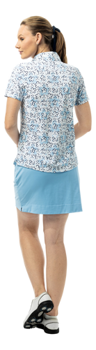 SanSoleil SOLTEK LUX short sleeve print mock shirt with fairway flowers pattern in blue, sleeveless design, perfect for warm weather.