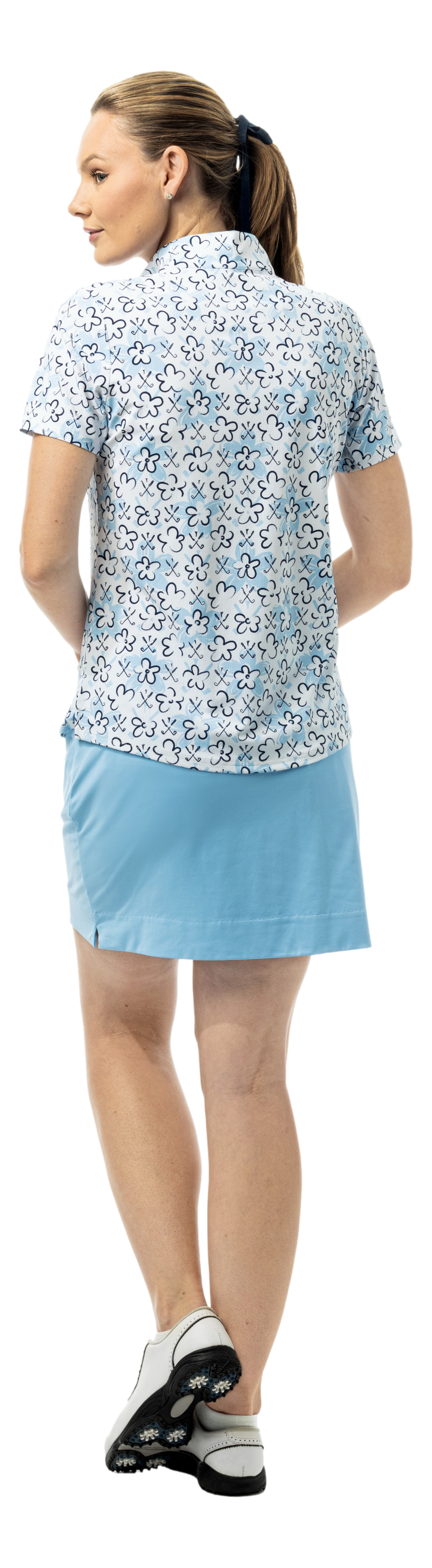 SanSoleil SOLTEK LUX short sleeve print mock shirt with fairway flowers pattern in blue, sleeveless design, perfect for warm weather.