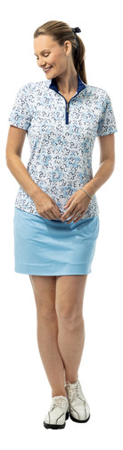 SanSoleil SOLTEK LUX short sleeve print mock shirt with fairway flowers pattern in blue, sleeveless design for women.