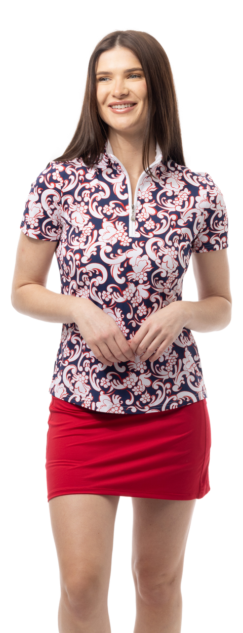 Soltek Lux Short Sleeve Print Mock. PAISLEY PARK. NAVY RED. 900628