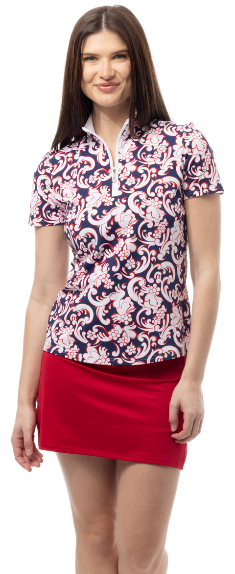 Soltek Lux Short Sleeve Print Mock. PAISLEY PARK. NAVY RED. 900628