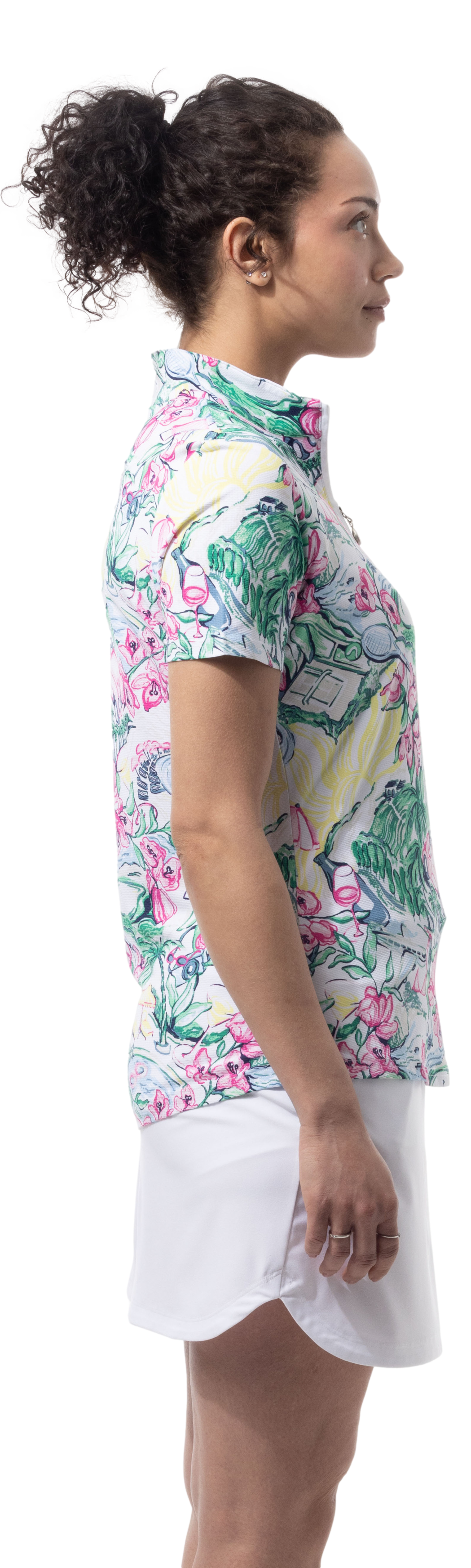 SanSoleil 1/4 Zip Short Sleeve Print Mock. GIRLS TRIP. MULTI. 900628 - SanSoleil