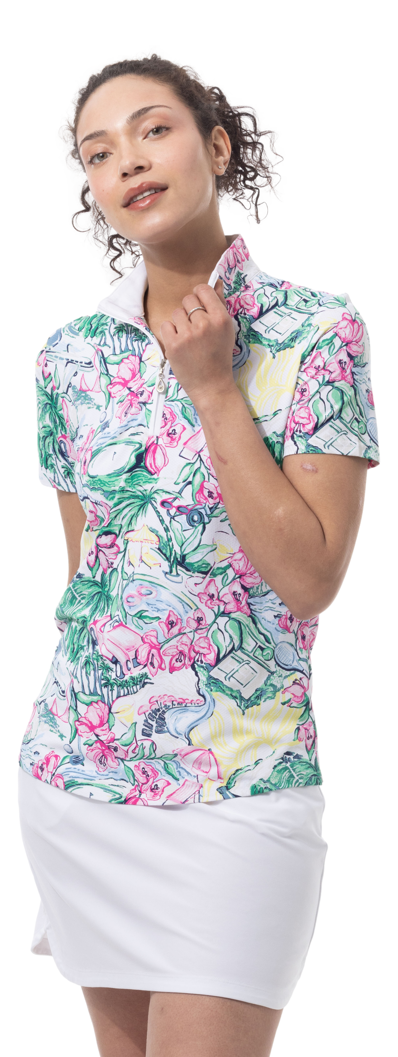 SanSoleil 1/4 Zip Short Sleeve Print Mock. GIRLS TRIP. MULTI. 900628 - SanSoleil