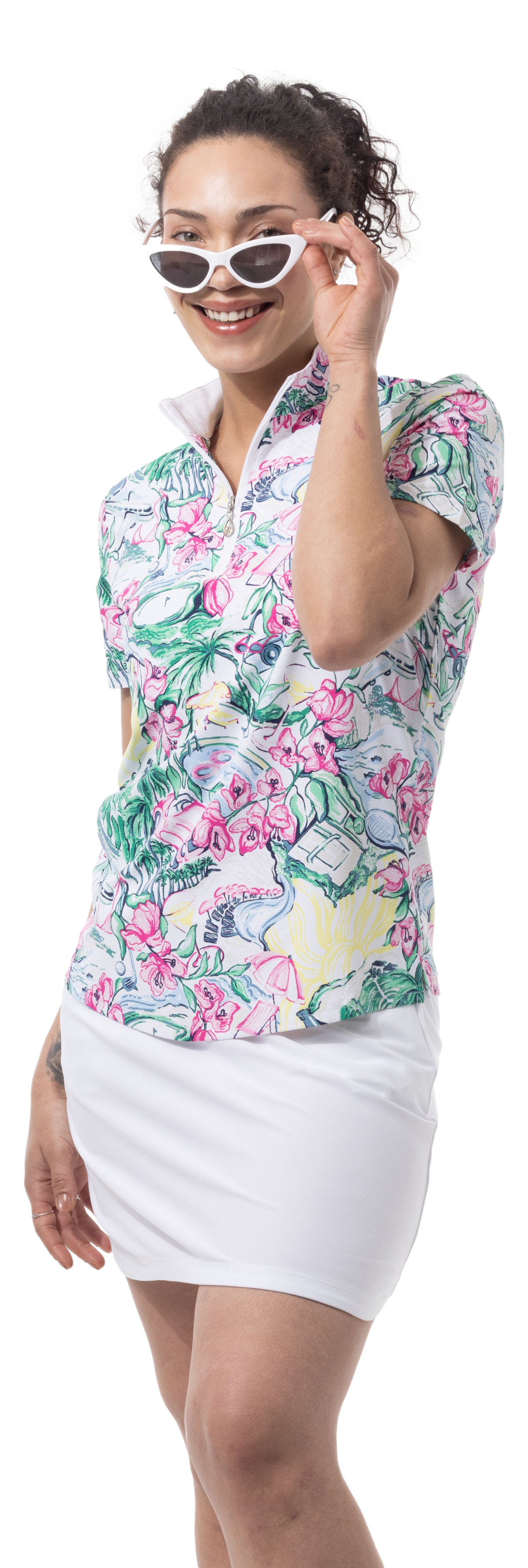 SanSoleil 1/4 Zip Short Sleeve Print Mock. GIRLS TRIP. MULTI. 900628 - SanSoleil