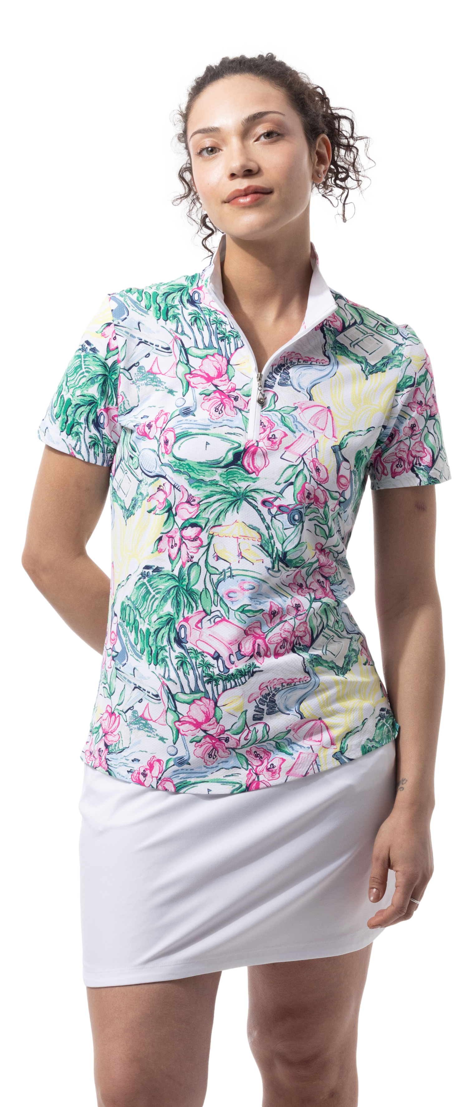 SanSoleil 1/4 Zip Short Sleeve Print Mock. GIRLS TRIP. MULTI. 900628 - SanSoleil