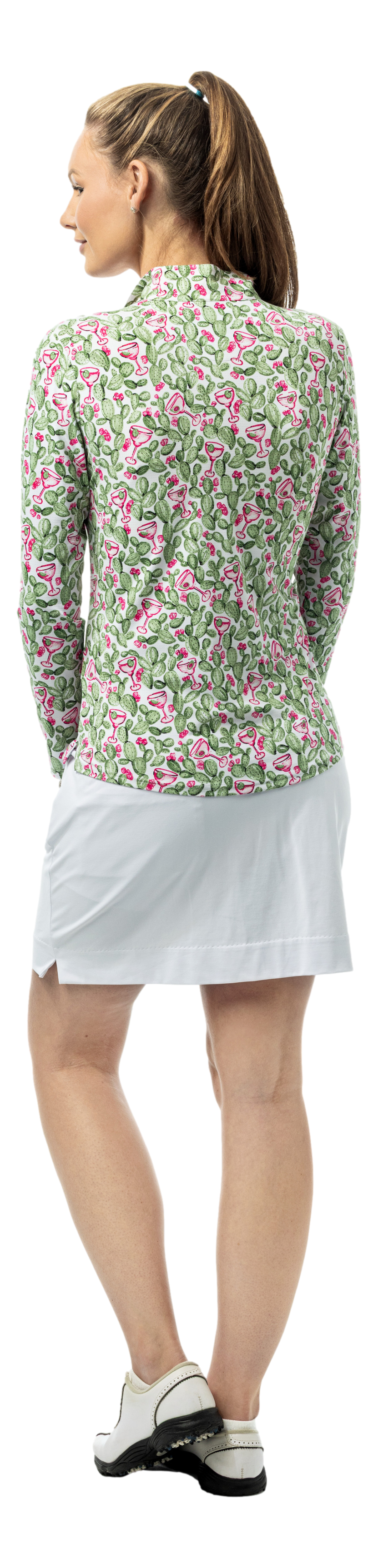 SanSoleil SOLAIR COOL Ultra-Mesh long sleeve shirt with prickly pear margarita print featuring vibrant colors and lightweight fabric.