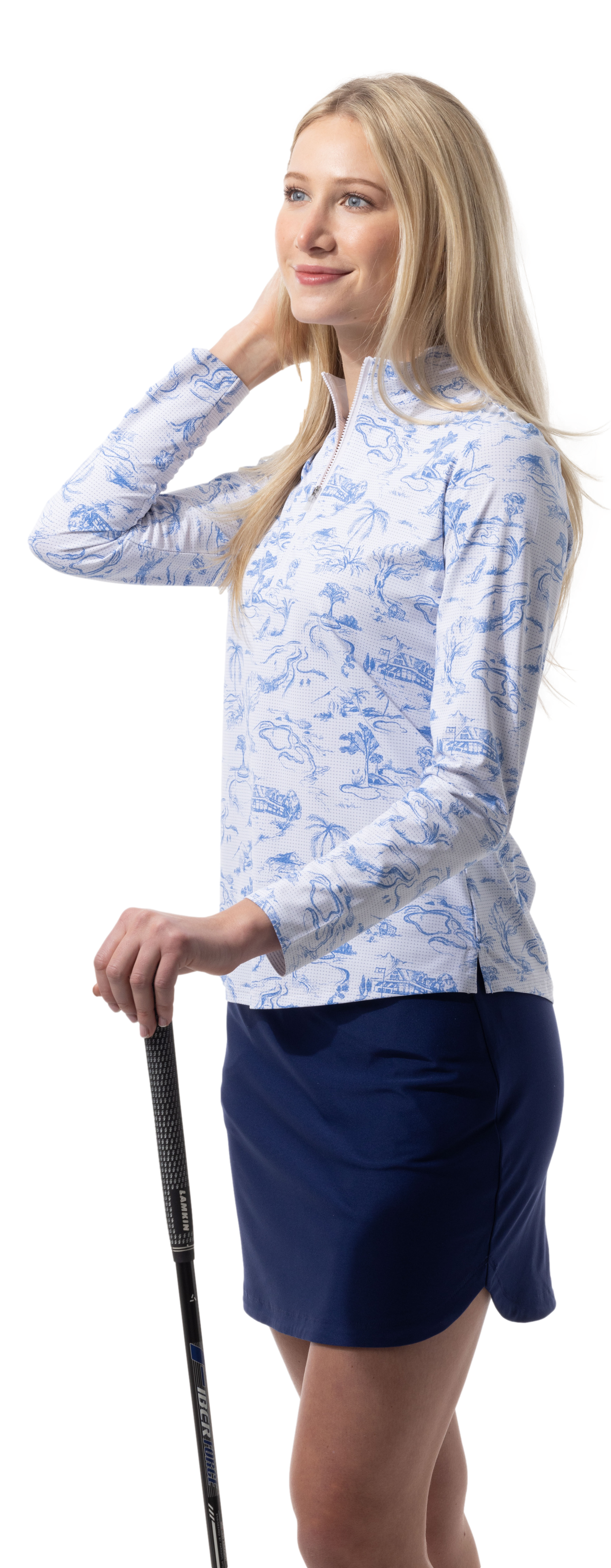 SANSOLEIL COOL ULTRA-MESH ZIP MOCK. TOILE DE GOLF. CORNFLOWER. 900653 - SanSoleil