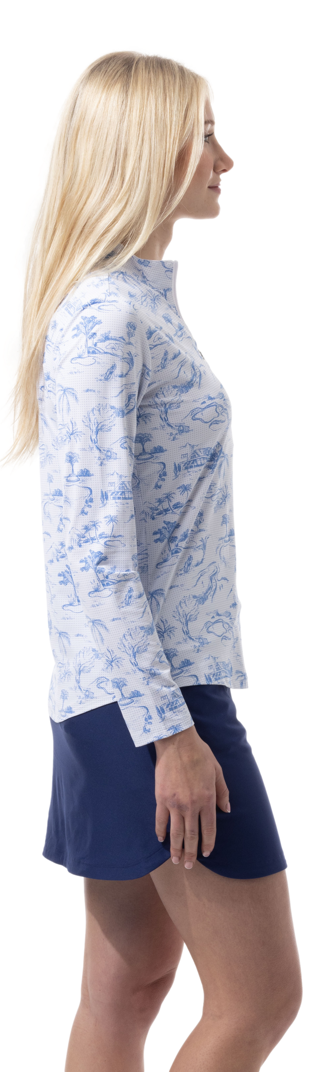 SANSOLEIL COOL ULTRA-MESH ZIP MOCK. TOILE DE GOLF. CORNFLOWER. 900653 - SanSoleil