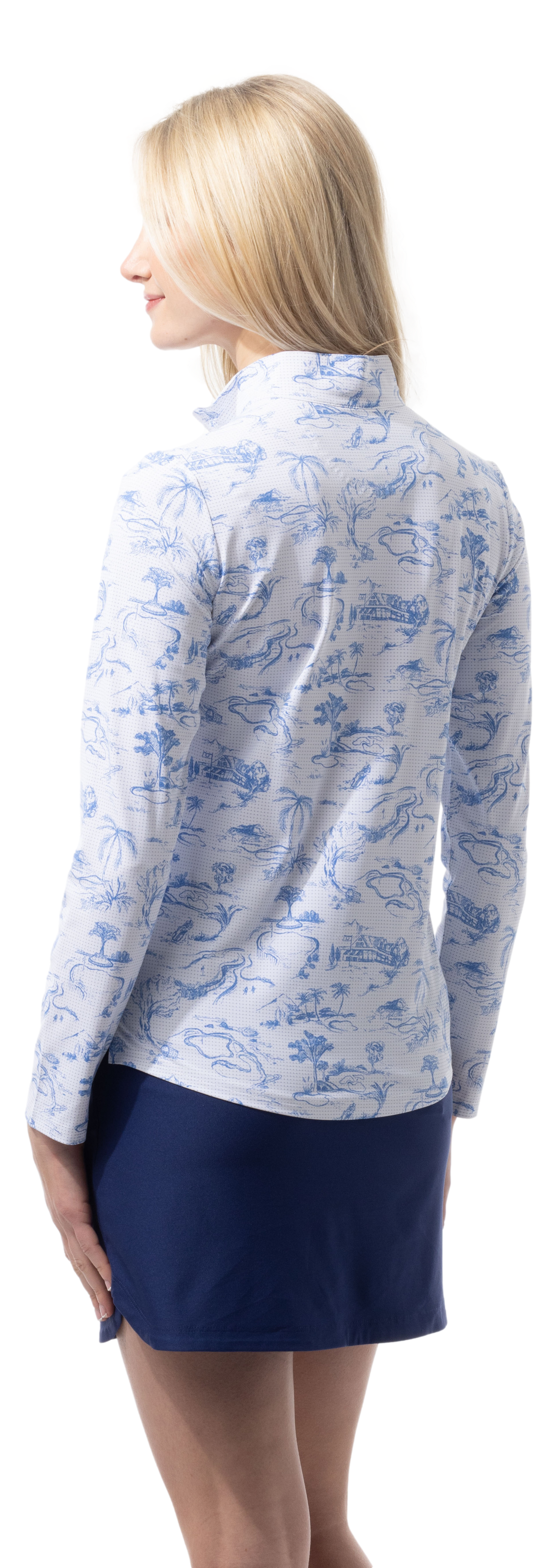 SANSOLEIL COOL ULTRA-MESH ZIP MOCK. TOILE DE GOLF. CORNFLOWER. 900653 - SanSoleil
