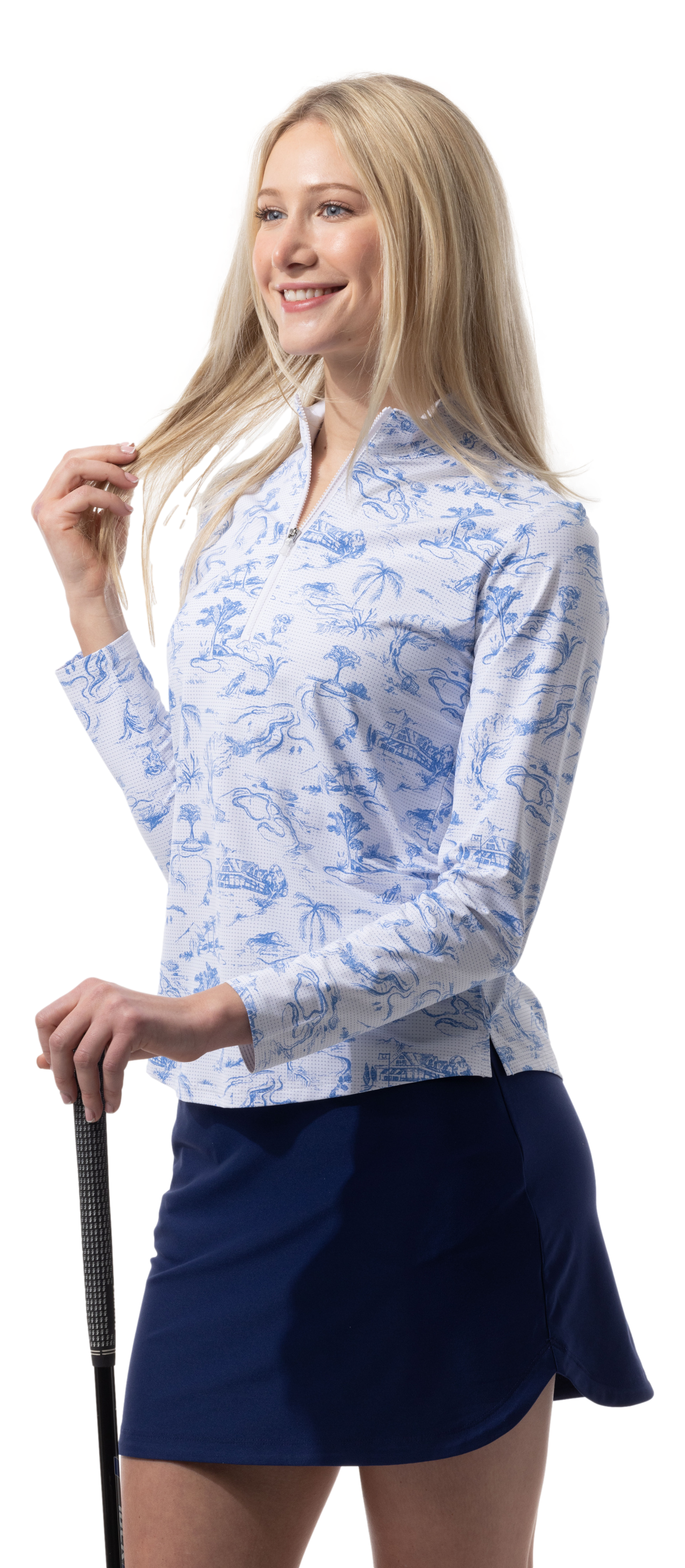 SANSOLEIL COOL ULTRA-MESH ZIP MOCK. TOILE DE GOLF. CORNFLOWER. 900653 - SanSoleil