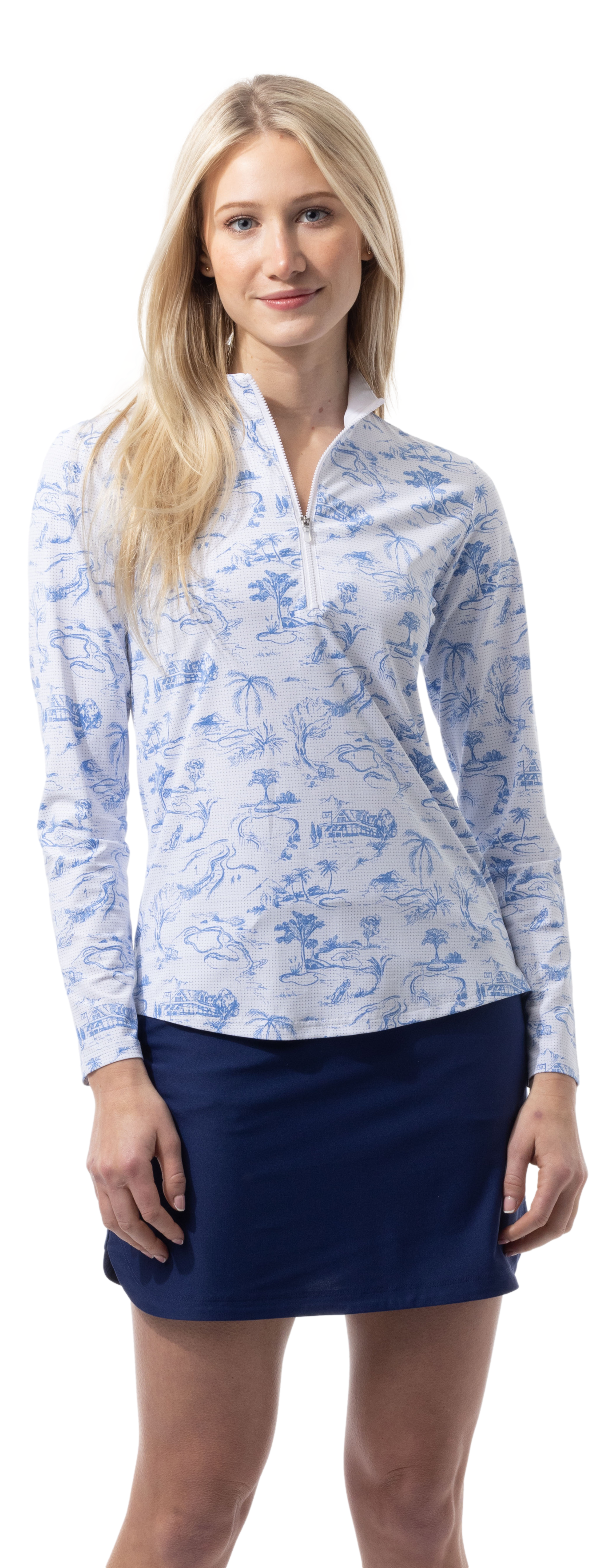 SANSOLEIL COOL ULTRA-MESH ZIP MOCK. TOILE DE GOLF. CORNFLOWER. 900653 - SanSoleil
