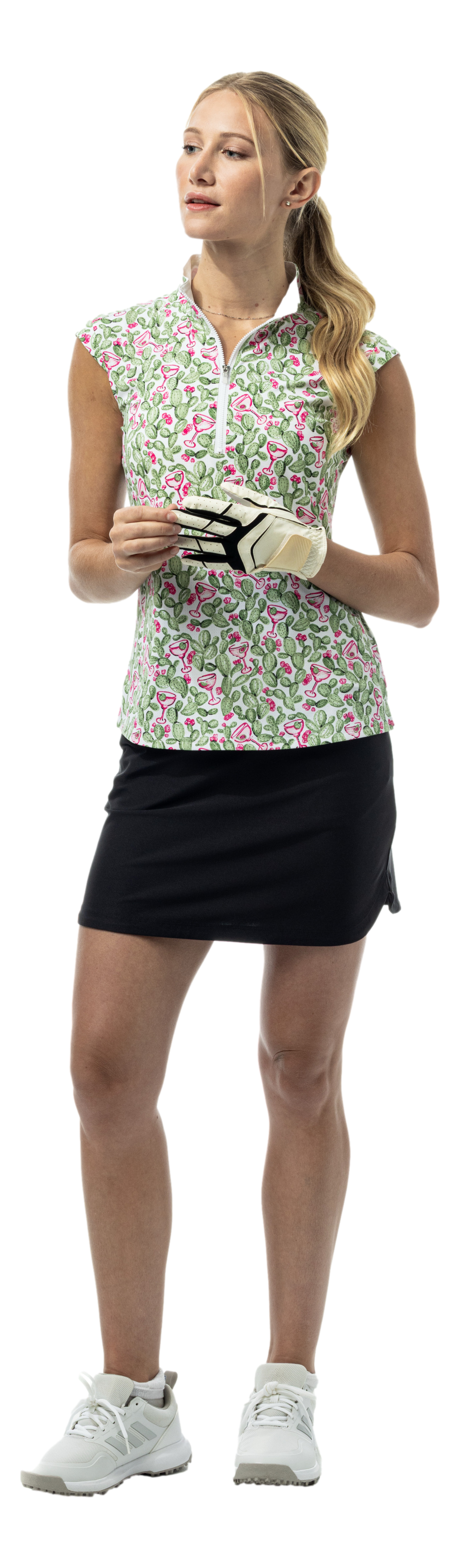 SanSoleil SOLAIR Cool Ultra-Mesh sleeveless mock with prickly pear margarita print, featuring lightweight, breathable fabric.