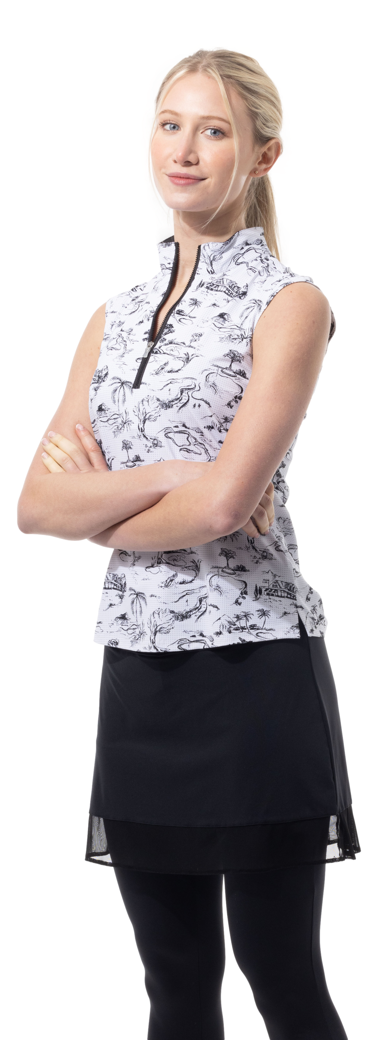 SANSOLEIL COOL ULTRA-MESH ZIP SLEEVELESS MOCK. TOILE DE GOLF. BLACK. 900654 - SanSoleil