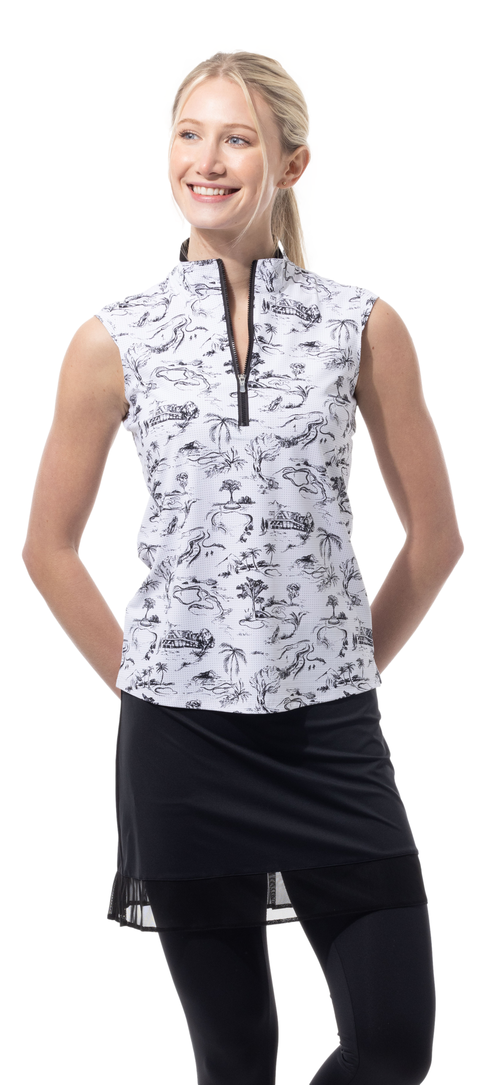 SANSOLEIL COOL ULTRA-MESH ZIP SLEEVELESS MOCK. TOILE DE GOLF. BLACK. 900654 - SanSoleil