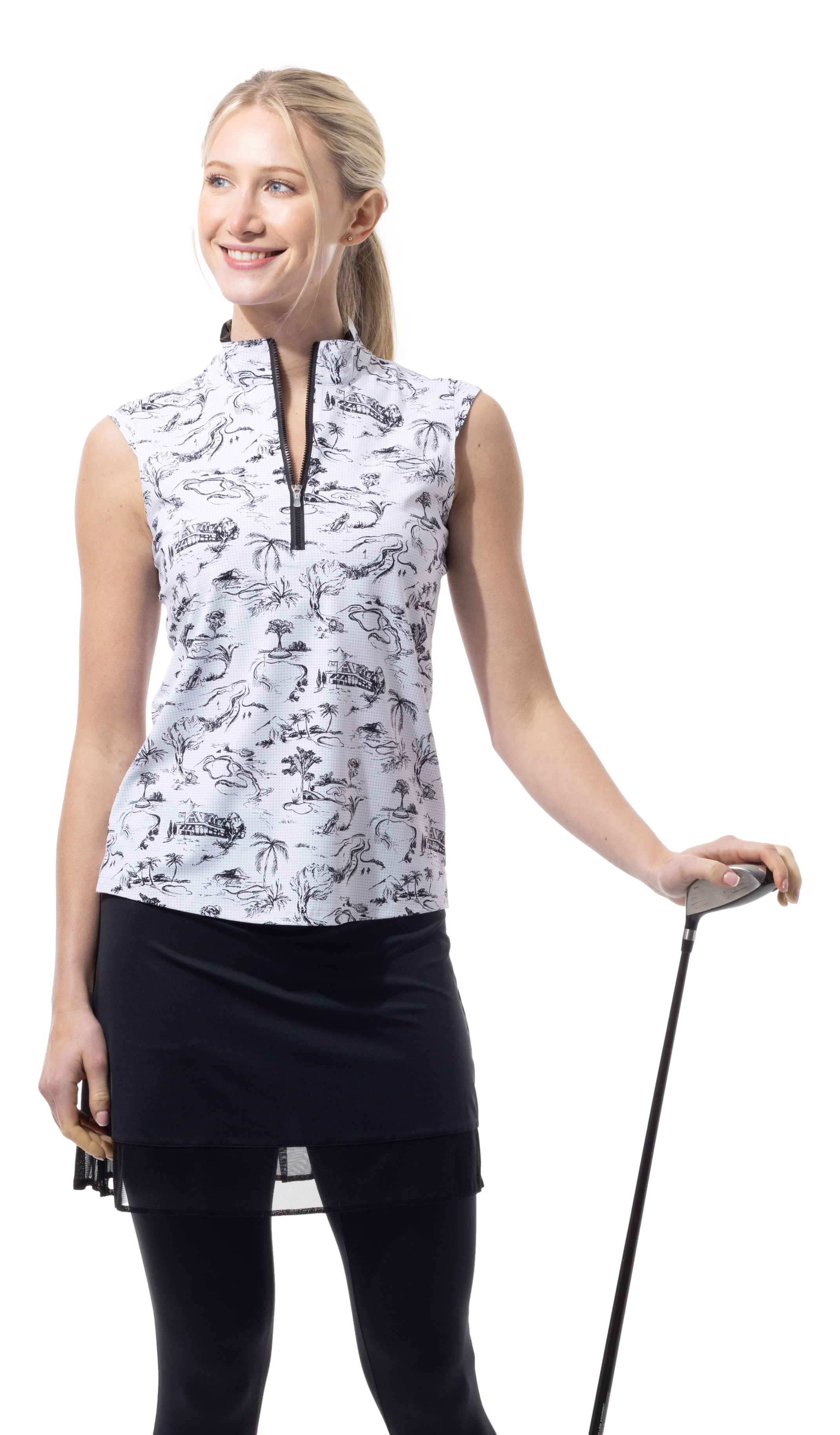 SANSOLEIL COOL ULTRA-MESH ZIP SLEEVELESS MOCK. TOILE DE GOLF. BLACK. 900654 - SanSoleil