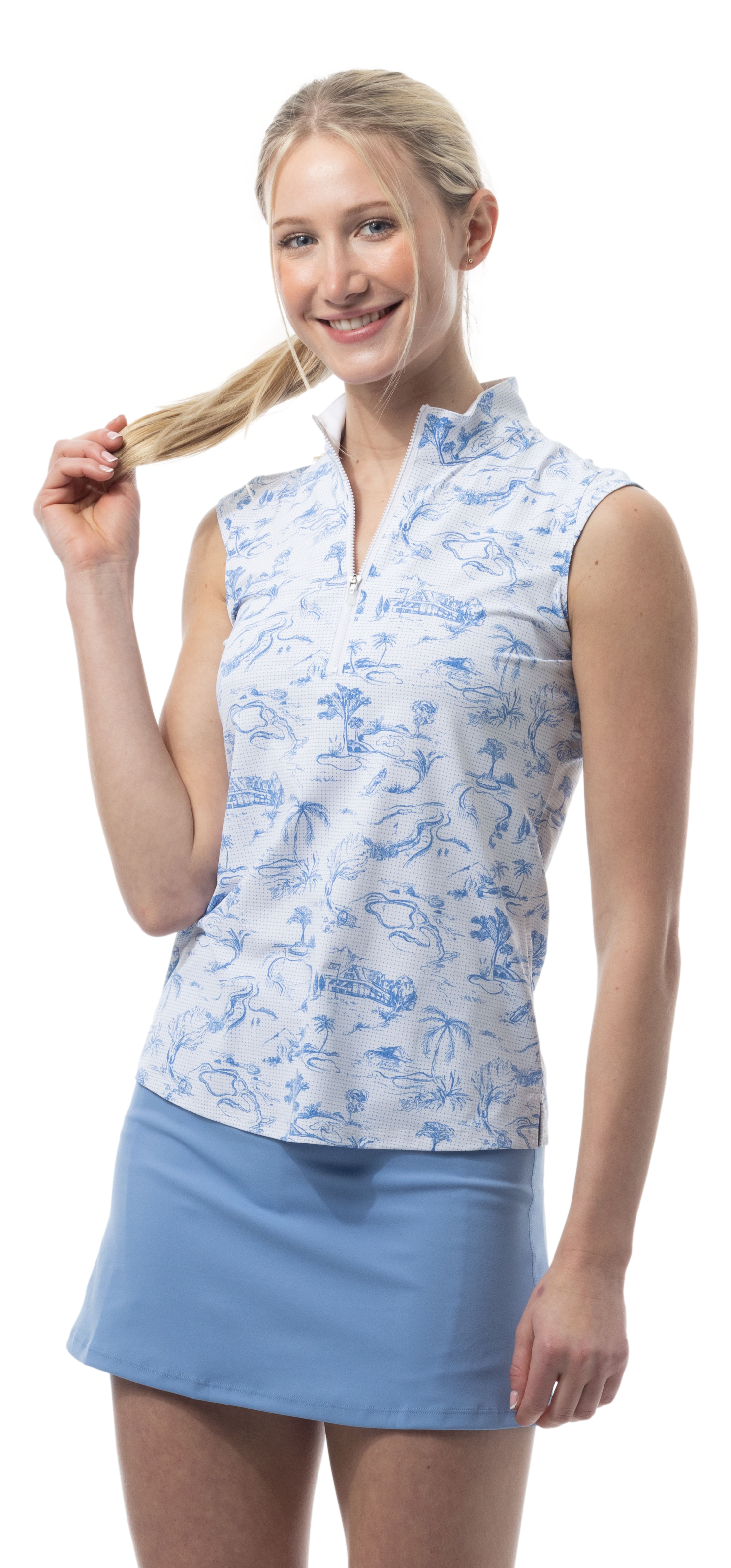 SANSOLEIL COOL ULTRA-MESH ZIP SLEEVELESS MOCK. TOILE DE GOLF. CORNFLOWER. 900654 - SanSoleil