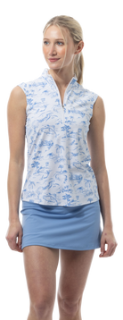 SANSOLEIL COOL ULTRA-MESH ZIP SLEEVELESS MOCK. TOILE DE GOLF. CORNFLOWER. 900654 - SanSoleil