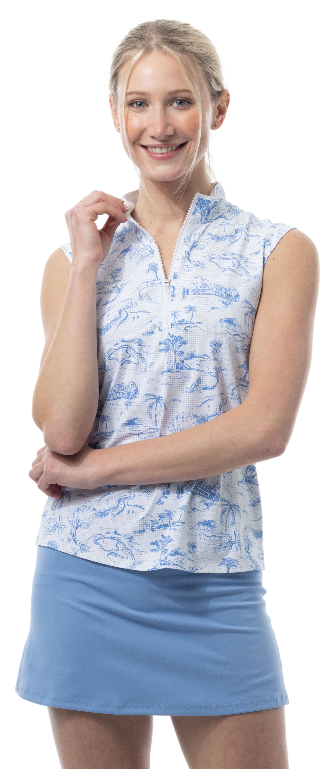 SANSOLEIL COOL ULTRA-MESH ZIP SLEEVELESS MOCK. TOILE DE GOLF. CORNFLOWER. 900654 - SanSoleil