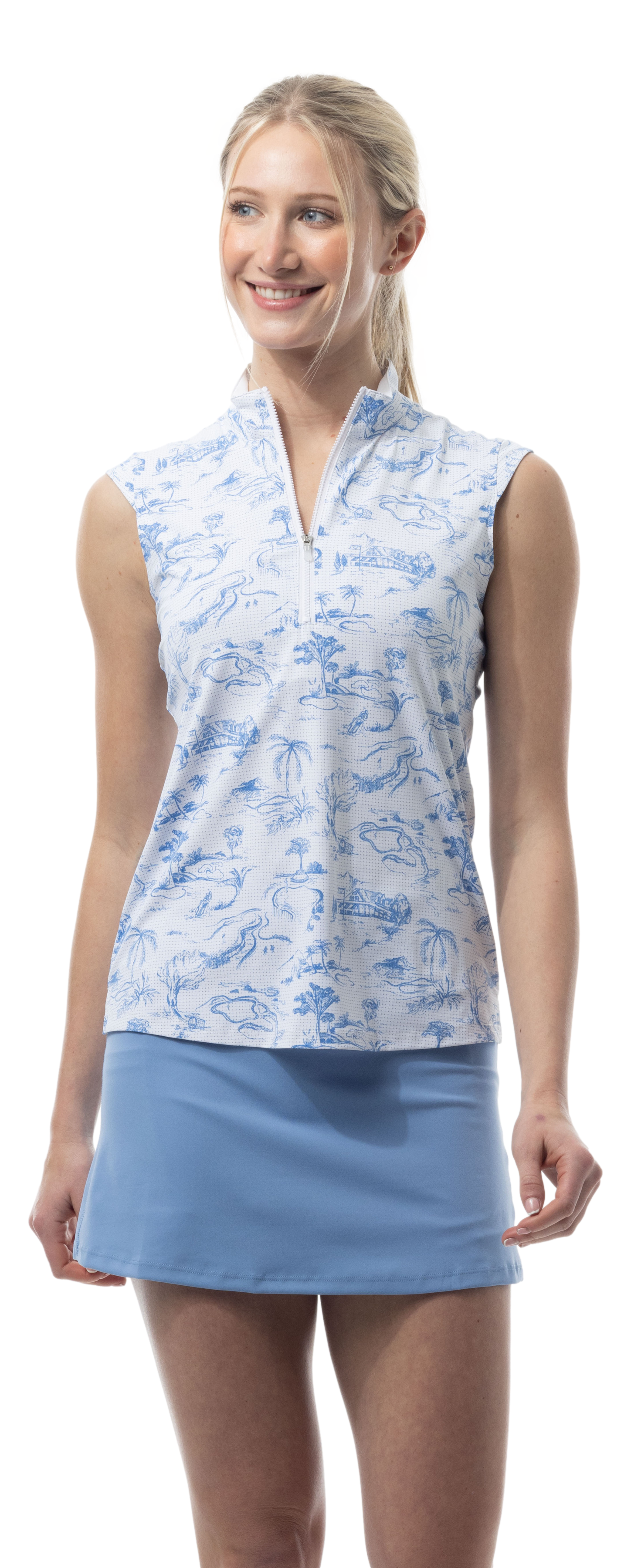 SANSOLEIL COOL ULTRA-MESH ZIP SLEEVELESS MOCK. TOILE DE GOLF. CORNFLOWER. 900654 - SanSoleil