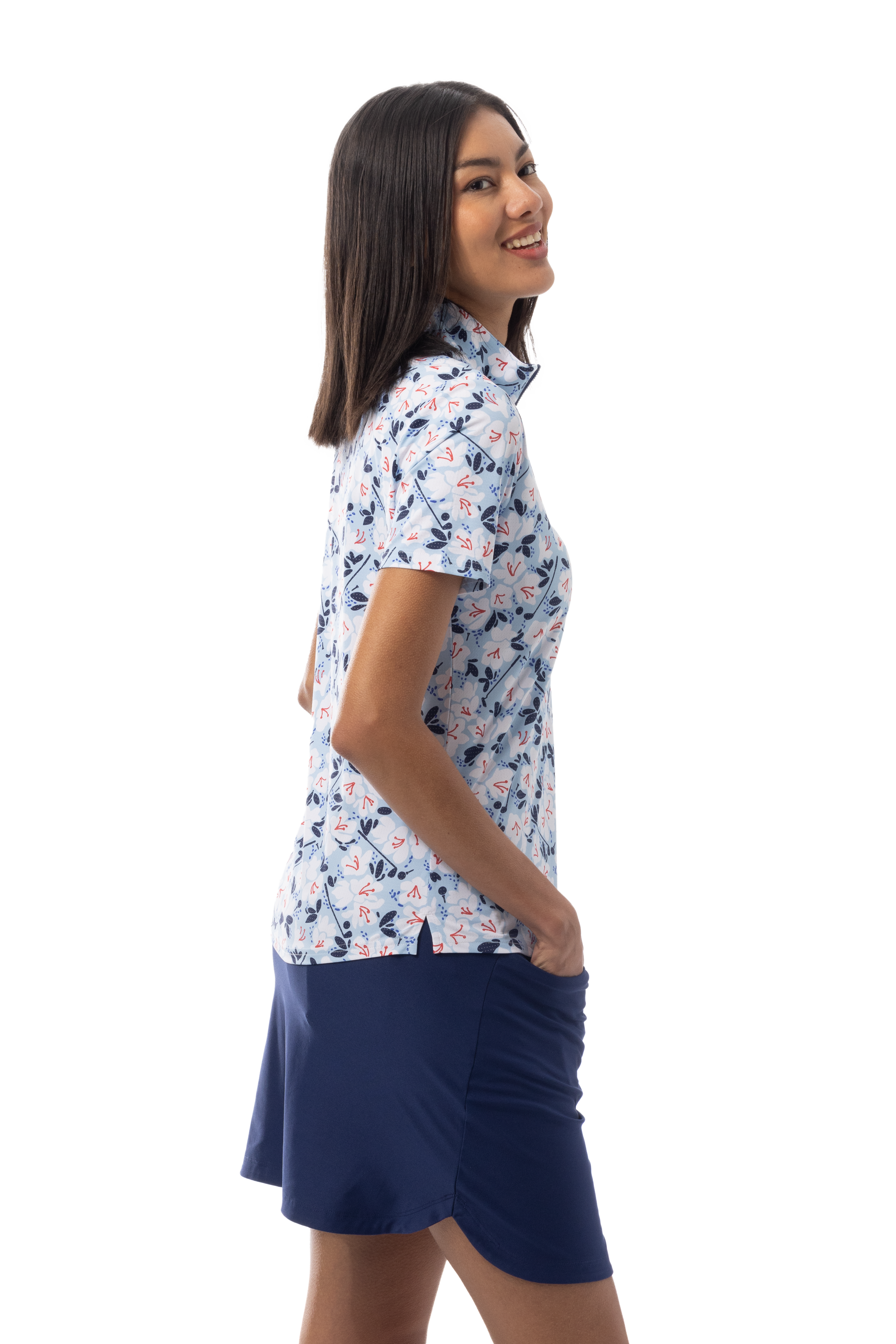 SANSOLEIL COOL ULTRA-MESH ZIP SHORT SLEEVE MOCK. PUTTERCUP. BLUE 900655 - SanSoleil