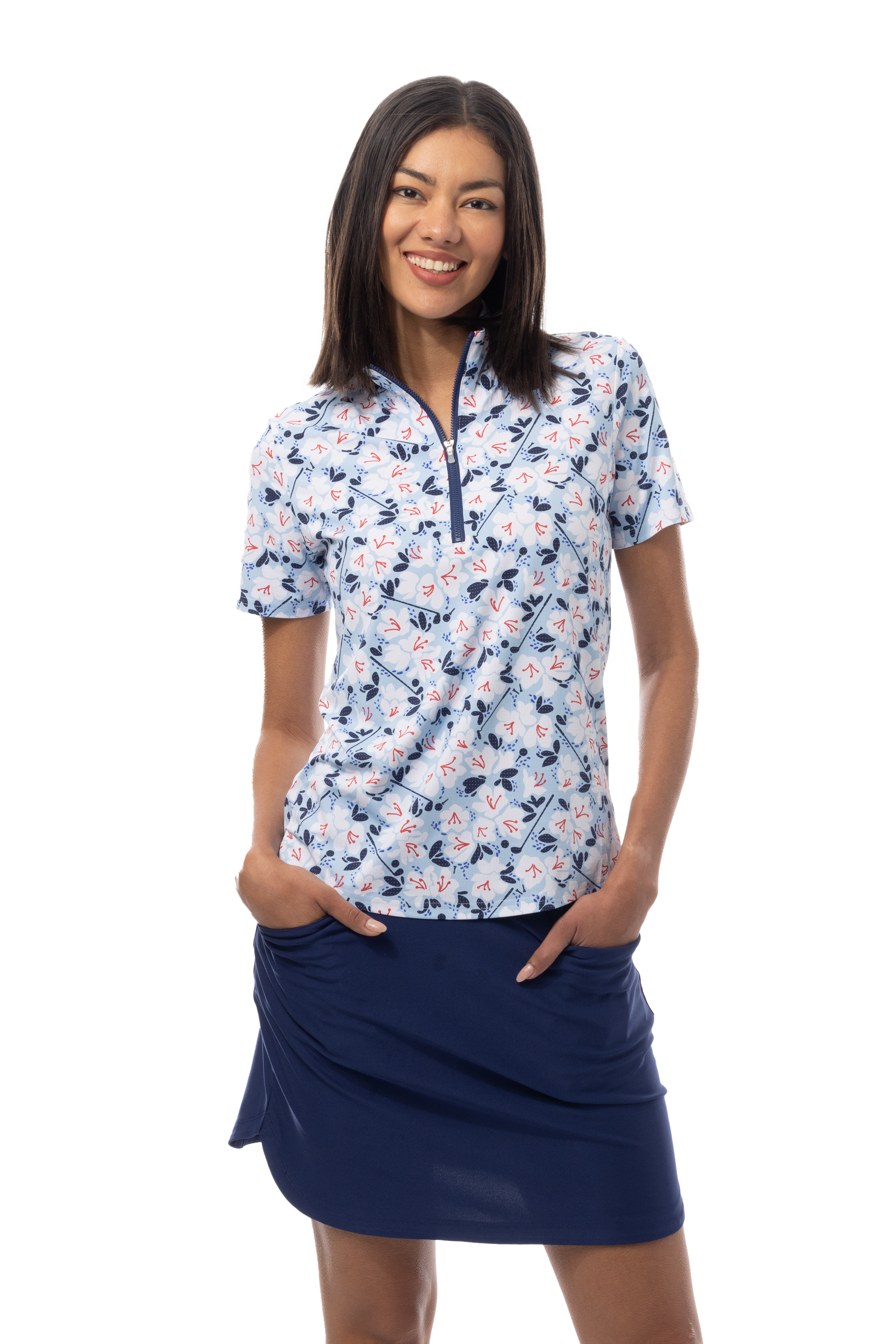 SANSOLEIL COOL ULTRA-MESH ZIP SHORT SLEEVE MOCK. PUTTERCUP. BLUE 900655 - SanSoleil