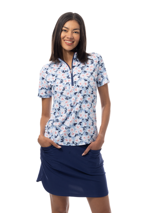 SANSOLEIL COOL ULTRA-MESH ZIP SHORT SLEEVE MOCK. PUTTERCUP. BLUE 900655