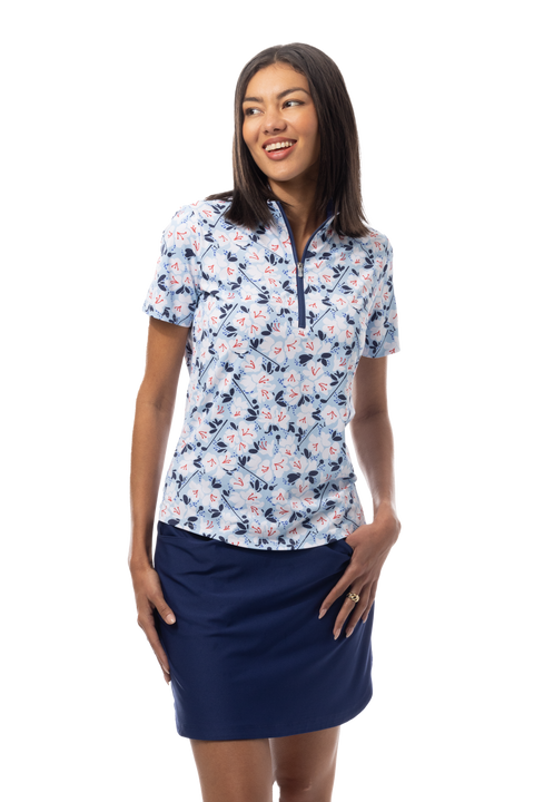 SANSOLEIL COOL ULTRA-MESH ZIP SHORT SLEEVE MOCK. PUTTERCUP. BLUE 900655