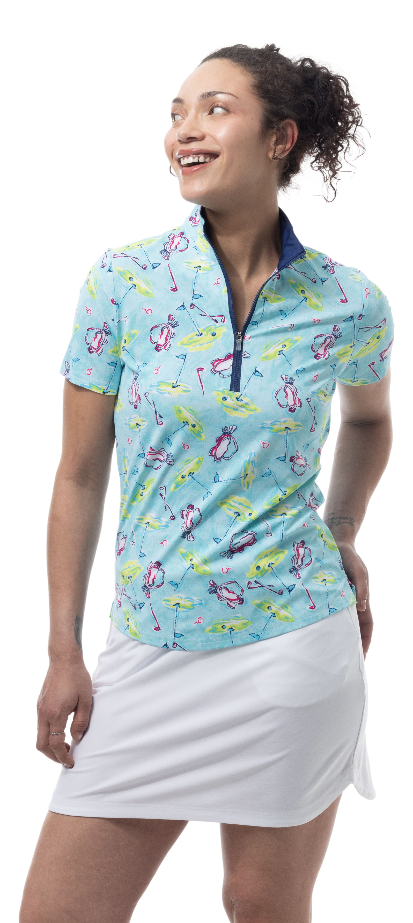 SANSOLEIL COOL ULTRA-MESH ZIP SHORT SLEEVE MOCK. FLAGS AND BAGS. 900655 - SanSoleil