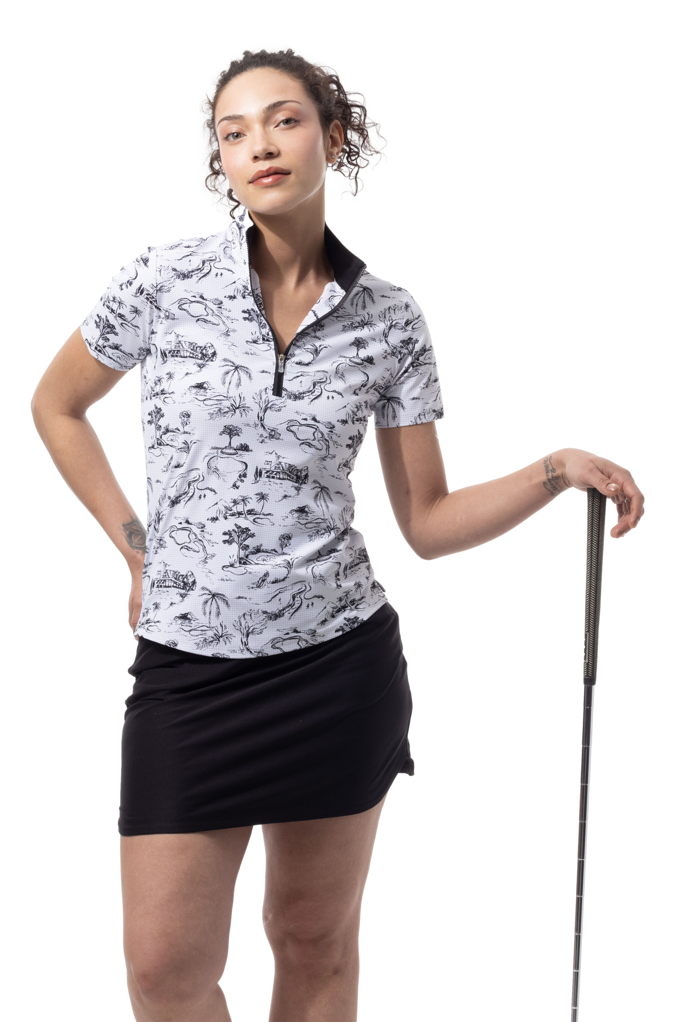 SANSOLEIL COOL ULTRA-MESH ZIP SHORT SLEEVE MOCK. TOILE DE GOLF. BLACK. 900655 - SanSoleil