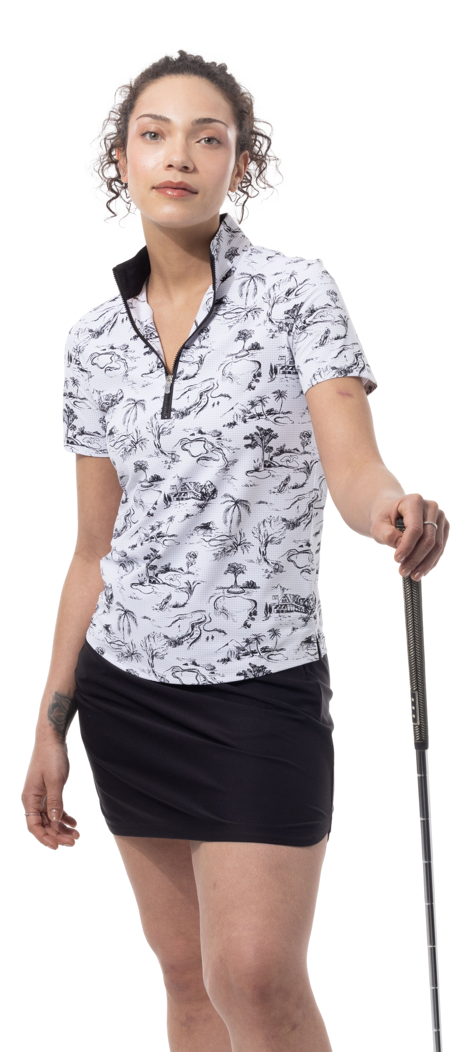 SANSOLEIL COOL ULTRA-MESH ZIP SHORT SLEEVE MOCK. TOILE DE GOLF. BLACK. 900655 - SanSoleil