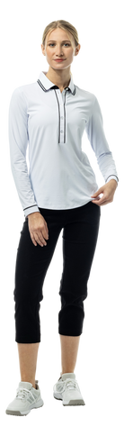 SanSoleil SOLAIR Cool Ultra-Mesh five-button placket polo in white and black, featuring long sleeves and breathable fabric.