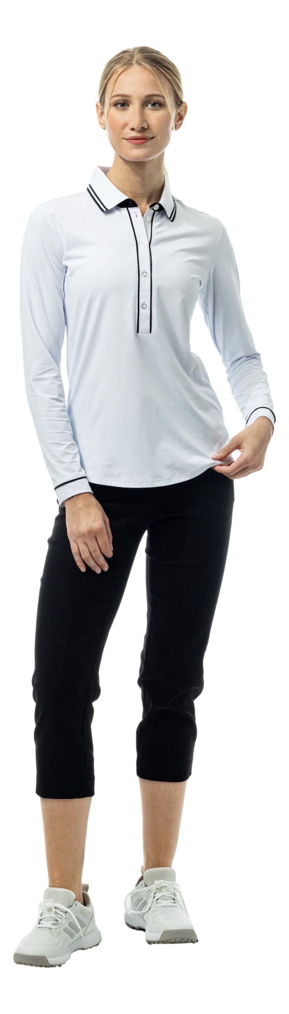 SanSoleil SOLAIR Cool Ultra-Mesh five-button placket polo in white and black, featuring long sleeves and breathable fabric.