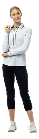 SanSoleil SOLAIR Cool Ultra-Mesh five-button placket polo shirt in white and black with long sleeves.