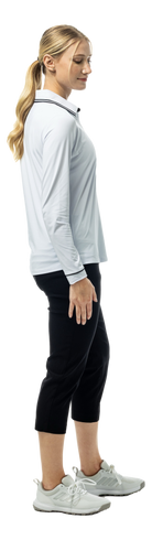 SanSoleil SOLAIR Cool Ultra-Mesh five-button placket polo in white and black with long sleeves, breathable fabric, and solid design.