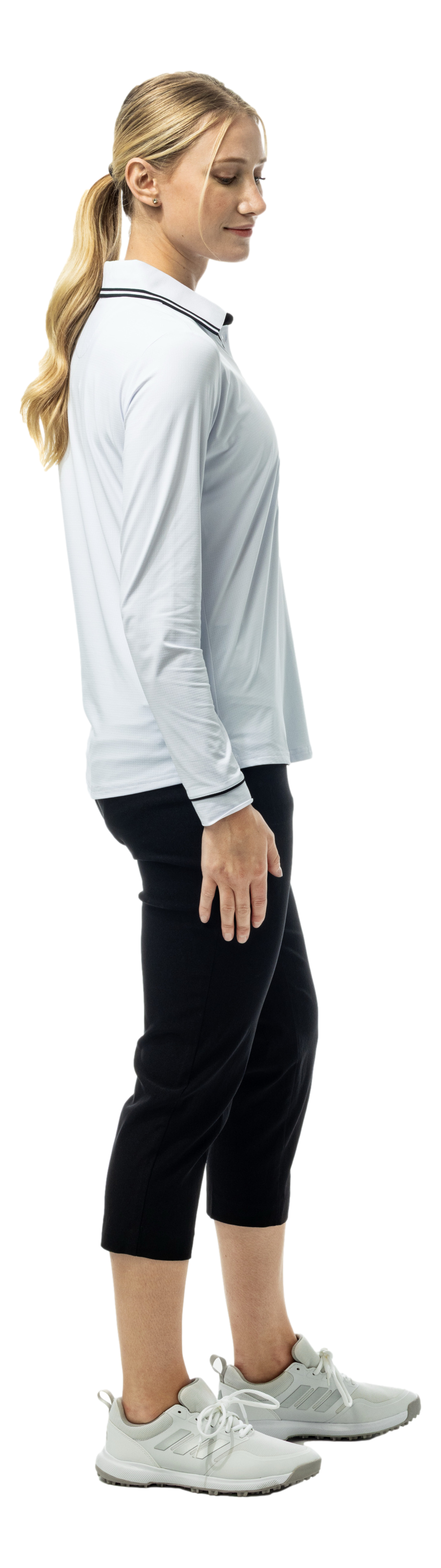 SanSoleil SOLAIR Cool Ultra-Mesh five-button placket polo in white and black with long sleeves, breathable fabric, and solid design.