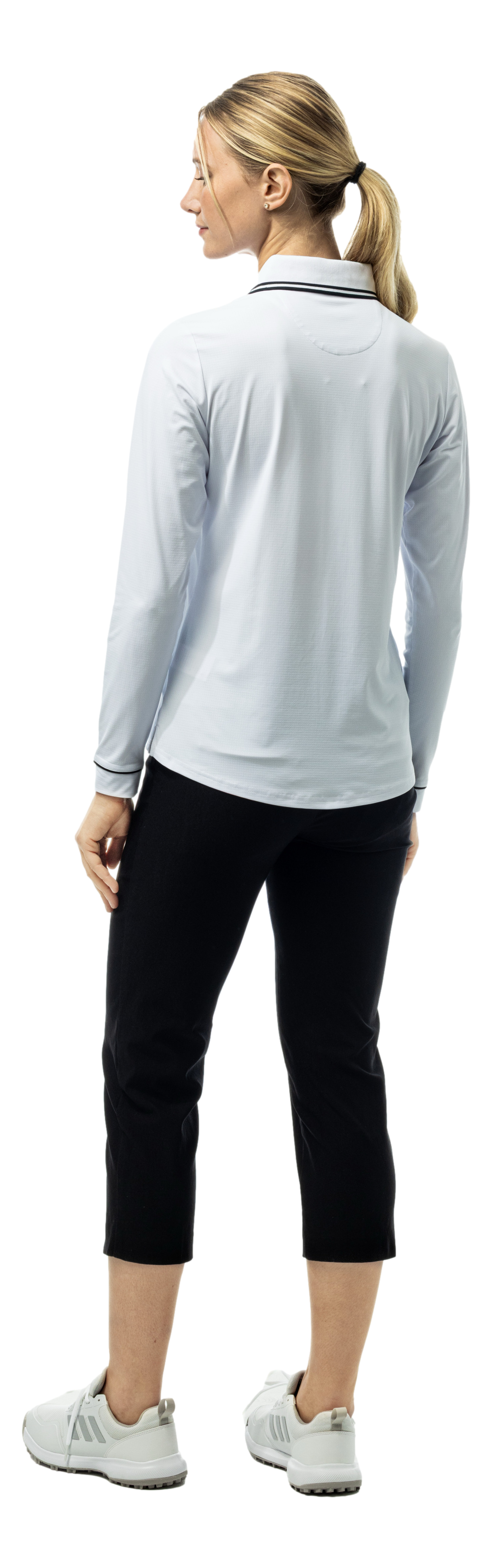 SanSoleil SOLAIR Cool Ultra-Mesh five-button placket polo shirt in white and black with long sleeves and breathable fabric.