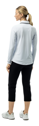 SanSoleil SOLAIR Cool Ultra-Mesh five-button placket polo shirt in white and black with long sleeves and breathable fabric.