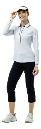 SanSoleil SOLAIR Cool Ultra-Mesh five-button placket polo in white and black, with long sleeves and breathable mesh fabric.