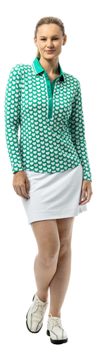 SanSoleil SOLAIR Cool Ultra-Mesh five-button placket print polo in green with I Heart Golf design, long sleeve solid shirt.