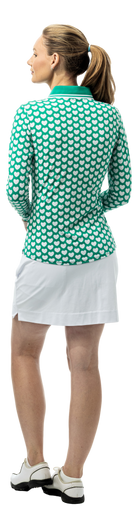SanSoleil SOLAIR Cool Ultra-Mesh five-button placket print golf polo in green with long sleeves and I Heart Golf design