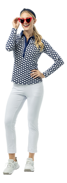 SanSoleil SOLAIR Cool Ultra-Mesh five-button placket print polo featuring I Heart Golf logo in navy, long sleeve, breathable fabric.