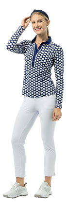SanSoleil SOLAIR COOL Ultra-Mesh five-button placket print polo shirt with I Heart Golf design in navy, long sleeve, breathable fabric.