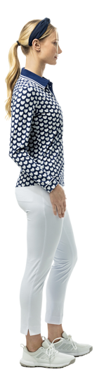 SanSoleil SOLAIR Cool Ultra-Mesh five-button placket print polo in navy, long sleeve with I Heart Golf design, ideal for golf apparel.