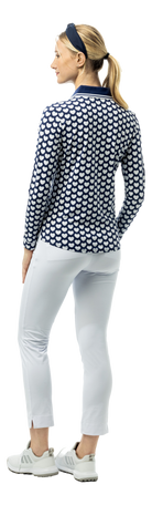 SanSoleil SOLAIR Cool Ultra-Mesh five-button placket print polo in navy with I Heart Golf design, long sleeve, breathable fabric.