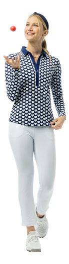 SanSoleil SOLAIR Cool Ultra-Mesh five-button placket print polo in navy with I Heart Golf logo, long sleeve, breathable fabric