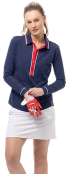 SOLAIRCOOL TIPPED FIVE-BUTTON PLACKET PRINT POLO. BETSY. NAVY. 900656P - SanSoleil