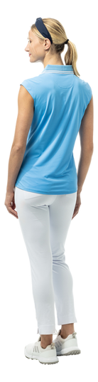 SanSoleil SOLAIR COOL Ultra-Mesh sleeveless polo in blue jay color, lightweight fabric with short sleeves and breathable mesh design.