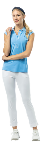 SanSoleil SOLAIR Cool Ultra-Mesh sleeveless polo in blue jay, lightweight breathable fabric, close-up of the blue sleeveless polo shirt.