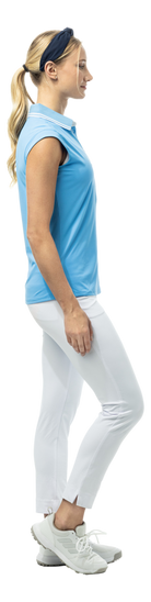 SanSoleil SOLAIR Cool Ultra-Mesh sleeveless polo in Blue Jay color, lightweight and breathable for active wear.